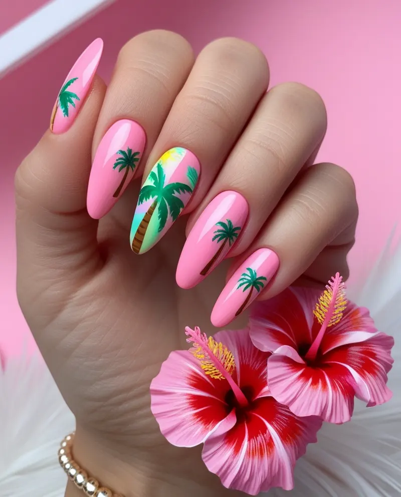 Pink nails showcasing tropical designs, including palm trees and flowers.