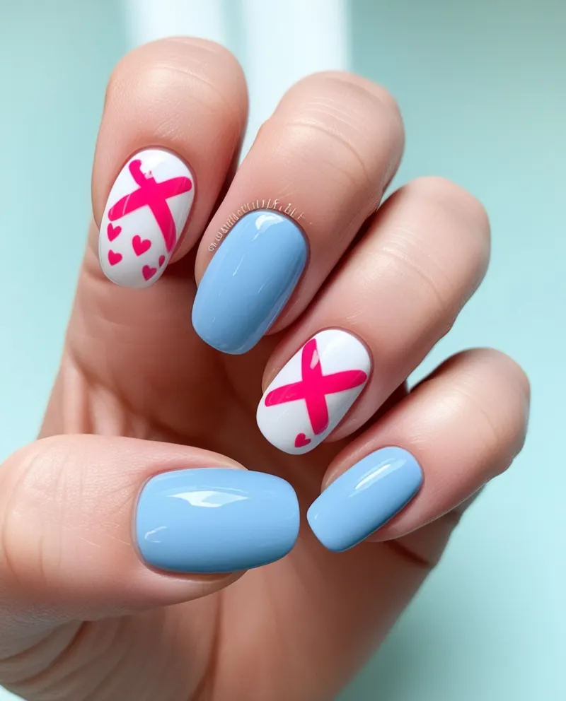 Blue nails featuring XOXO designs for a fun Valentine’s look.