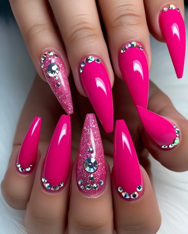 Dramatic stiletto pink nails with glitter and rhinestones for a statement look.