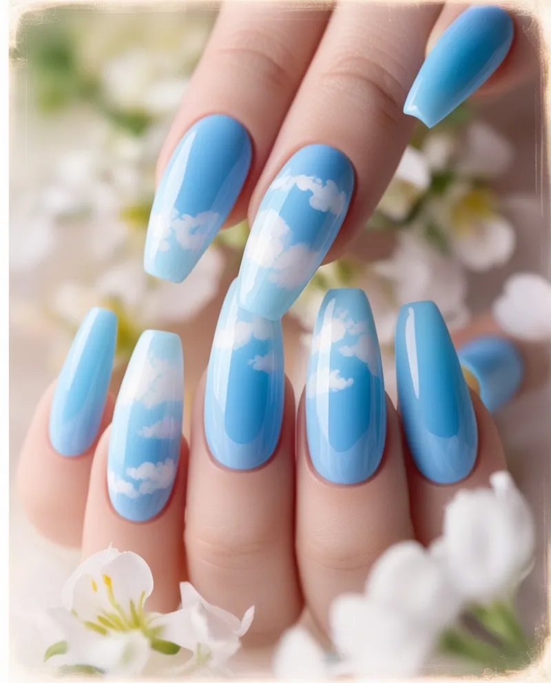 Light Sky Blue Nail Designs with ombré or cloud patterns.