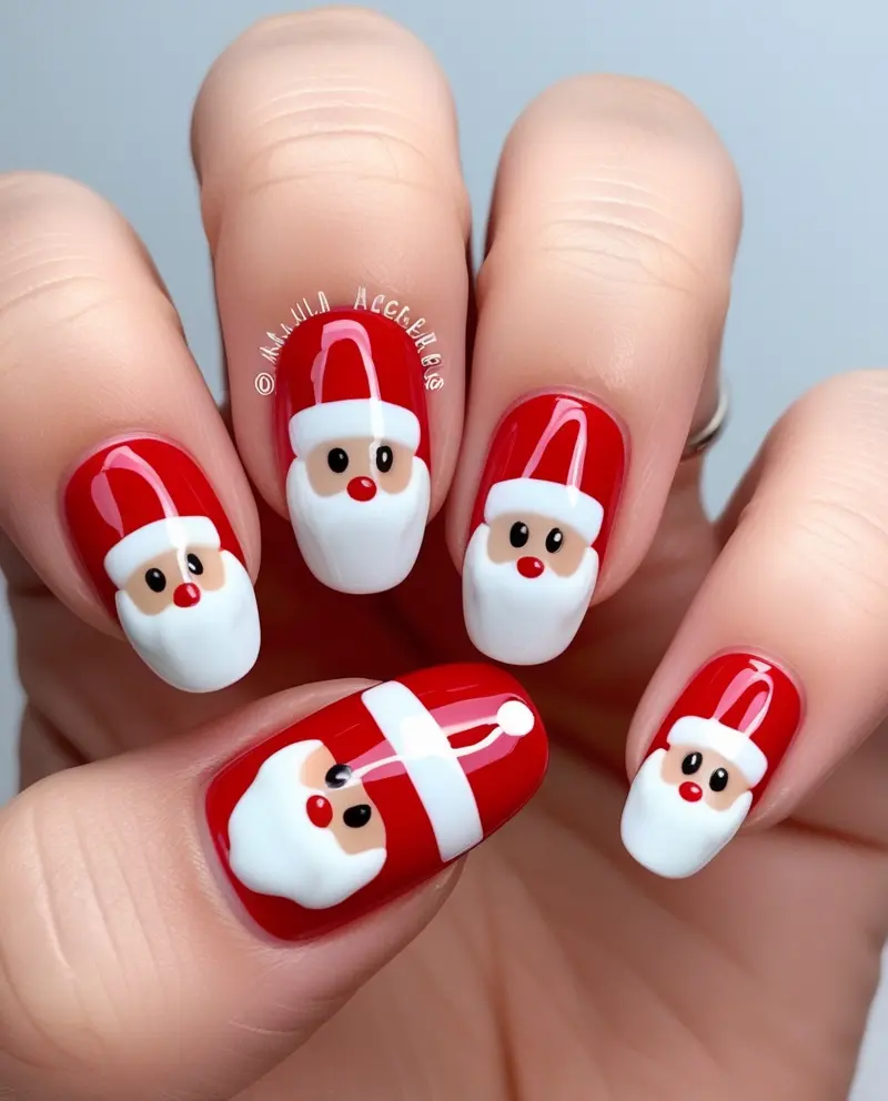 Fun Winter Christmas Nails with Santa Claus Faces for a cheerful holiday touch.