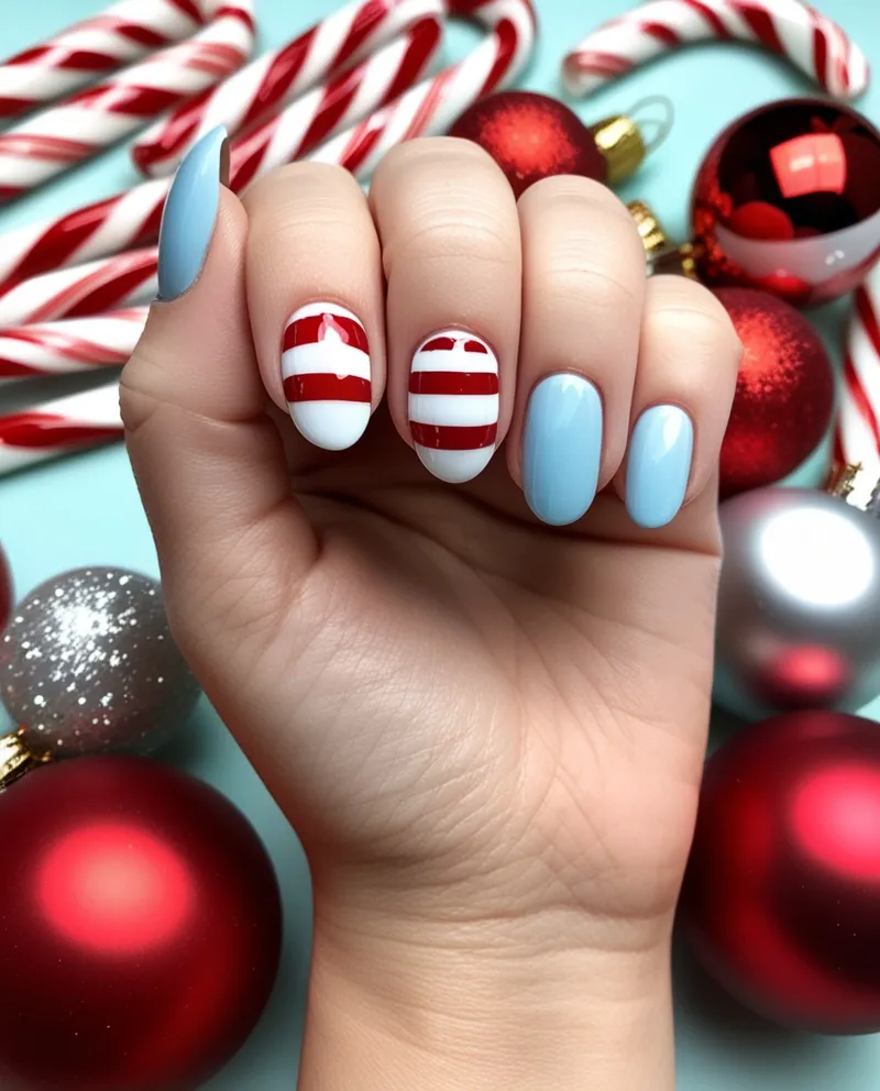 Baby blue nails with white and red candy cane stripes, a creative Blue Christmas Nails design.