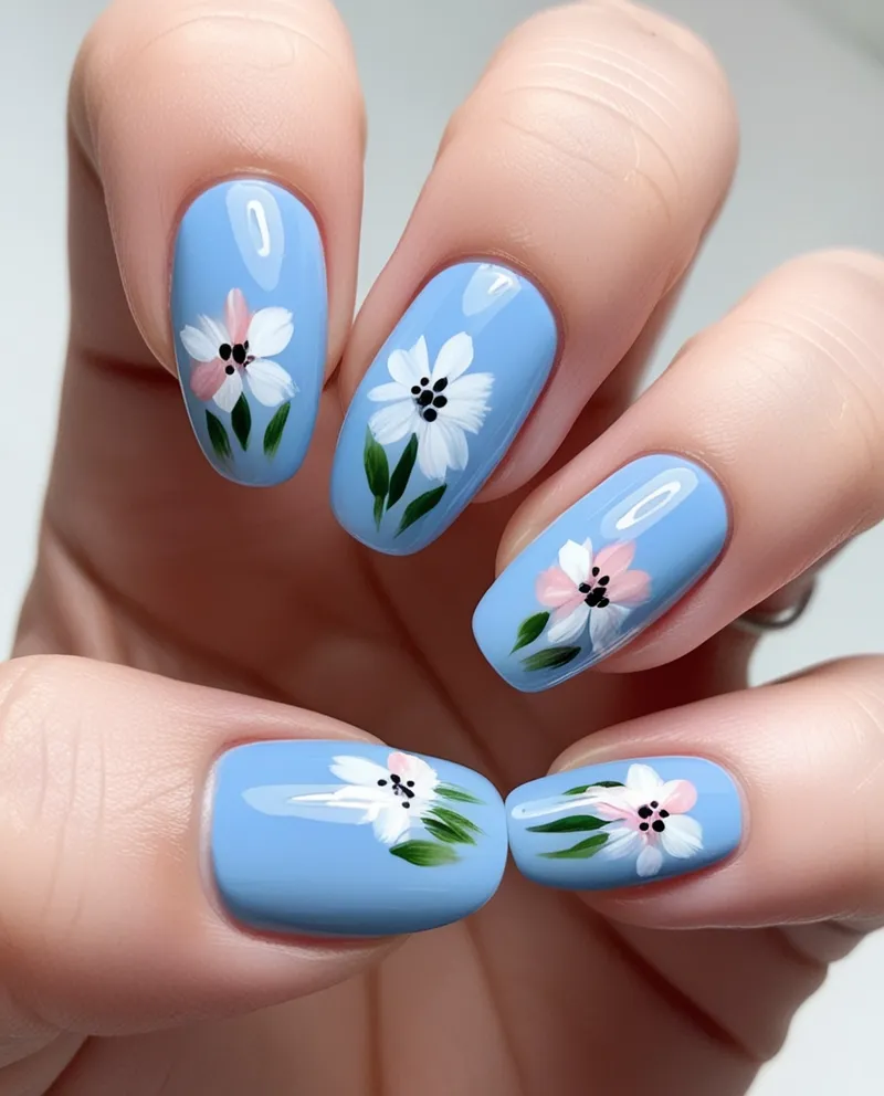 Blue Nail Designs with floral patterns, including white and pink flowers on a blue base.