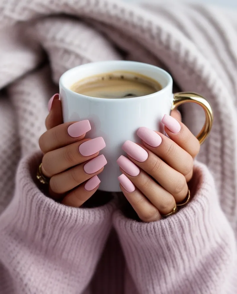 Matte blush pink nails with a soft, velvety finish perfect for casual and formal occasions.