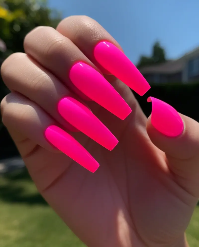 Bold neon pink nails on long, sleek tips, vibrant and eye-catching for summer.