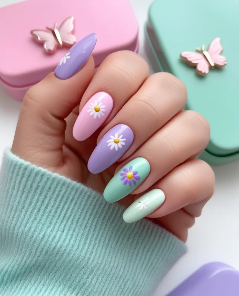 Spring-inspired nails with pastel colors and delicate flower designs.