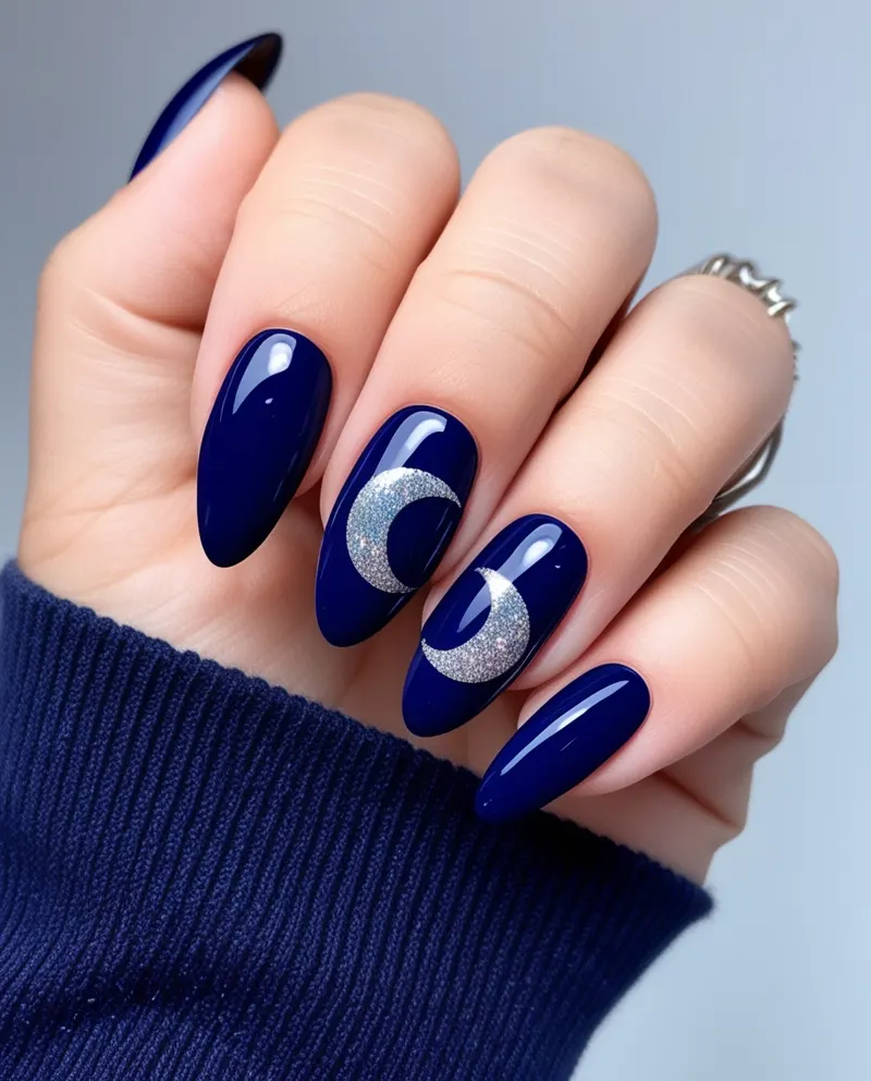 Blue nails with full moon and star patterns for a dreamy style.