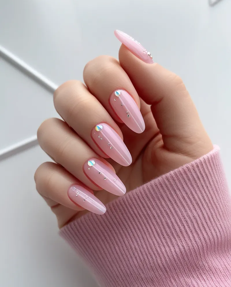 Sheer pink nails with delicate details for a polished and natural appearance.