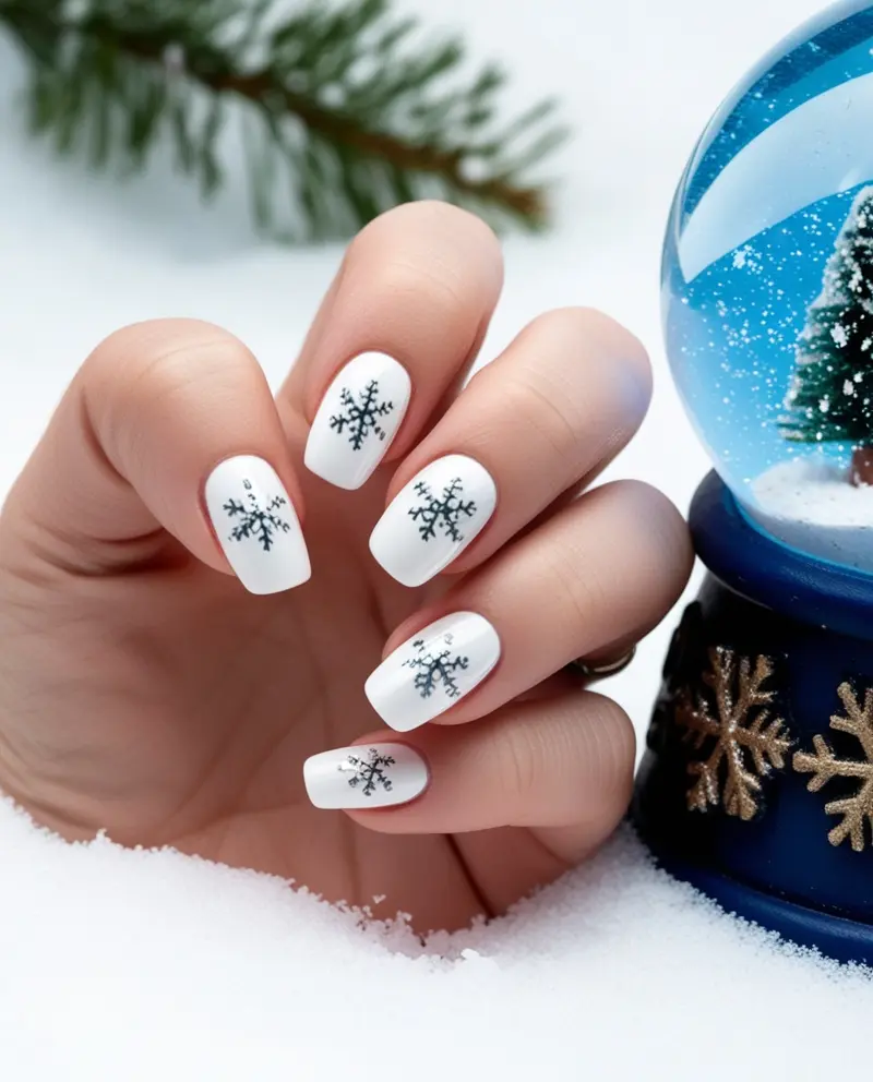 Simple and elegant White Snowy Winter Christmas Nails with glitter and snowflake details.