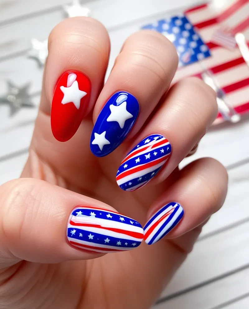 Festive 4th of July nails with star and stripe designs.