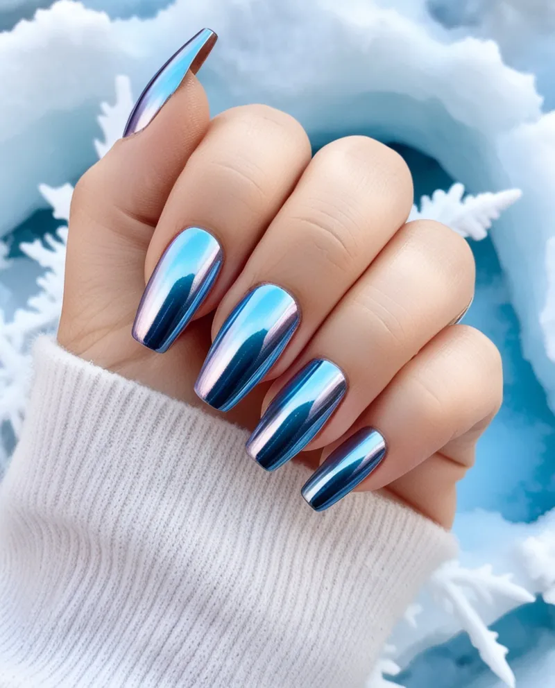 Icy blue chrome nails with a shiny metallic look, a bold Blue Christmas Nails idea.