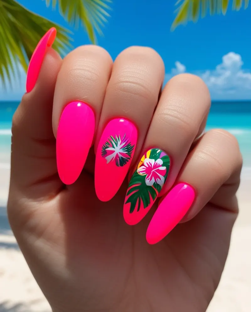 Vibrant pink summer nails with tropical patterns for vacation vibes.