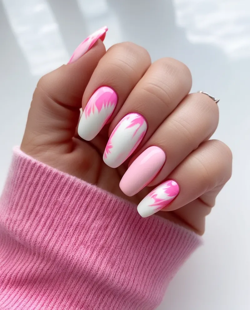 Fun pink tie-dye nails featuring swirling patterns of white and pink.