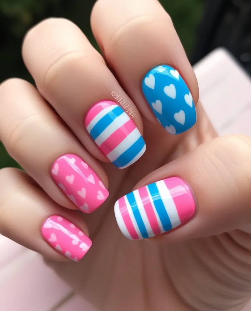 Playful Pink and Blue Nail Designs with stripes, dots, and hearts.