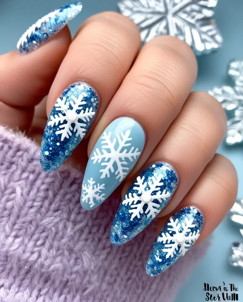 Sparkling Winter Christmas Nails with Glitter Snowflakes for a frosty and festive vibe.