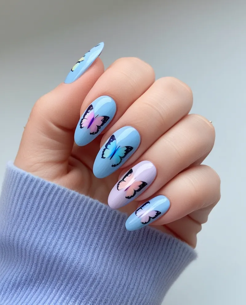 Blue nails with butterfly accents for a sweet and dreamy vibe.