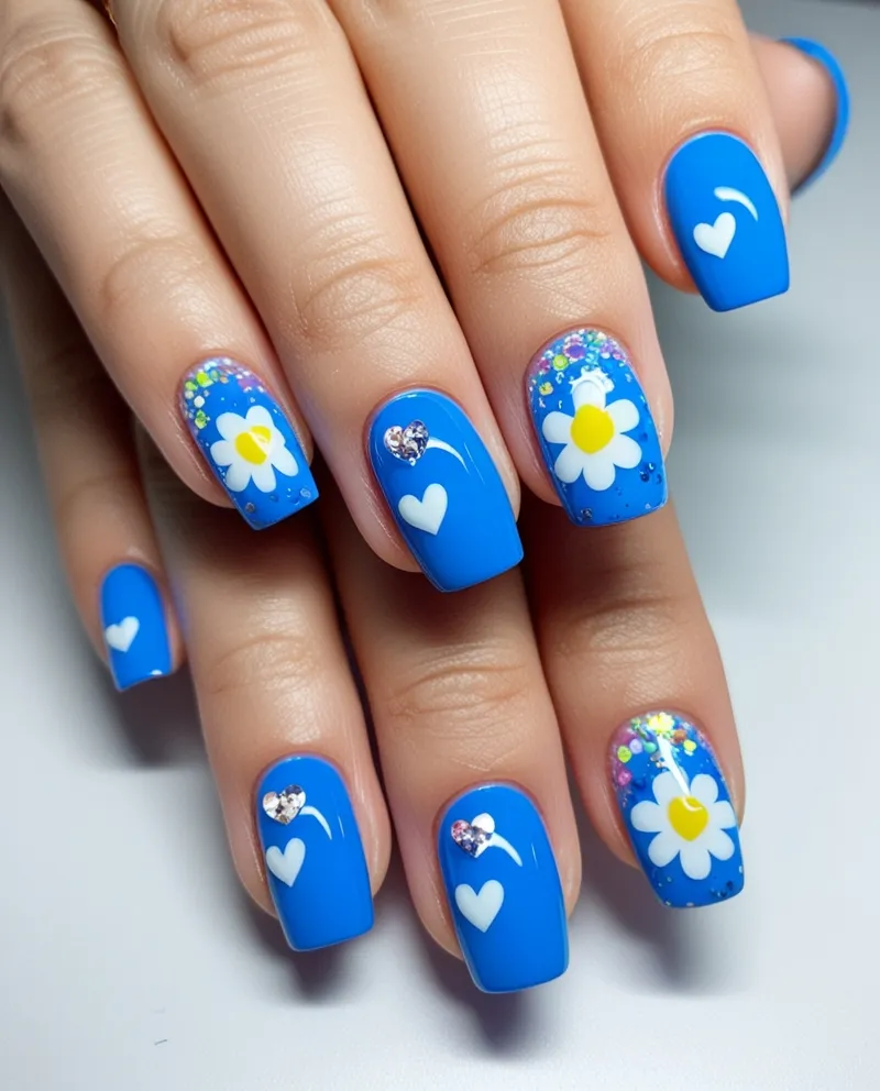 Cute Blue Nail Designs with hearts, flowers, and glitter.