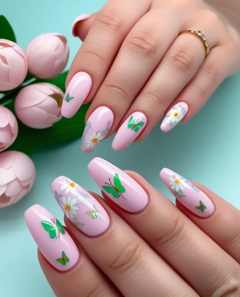 Soft pink spring nails with floral and butterfly designs for a fresh, seasonal look.