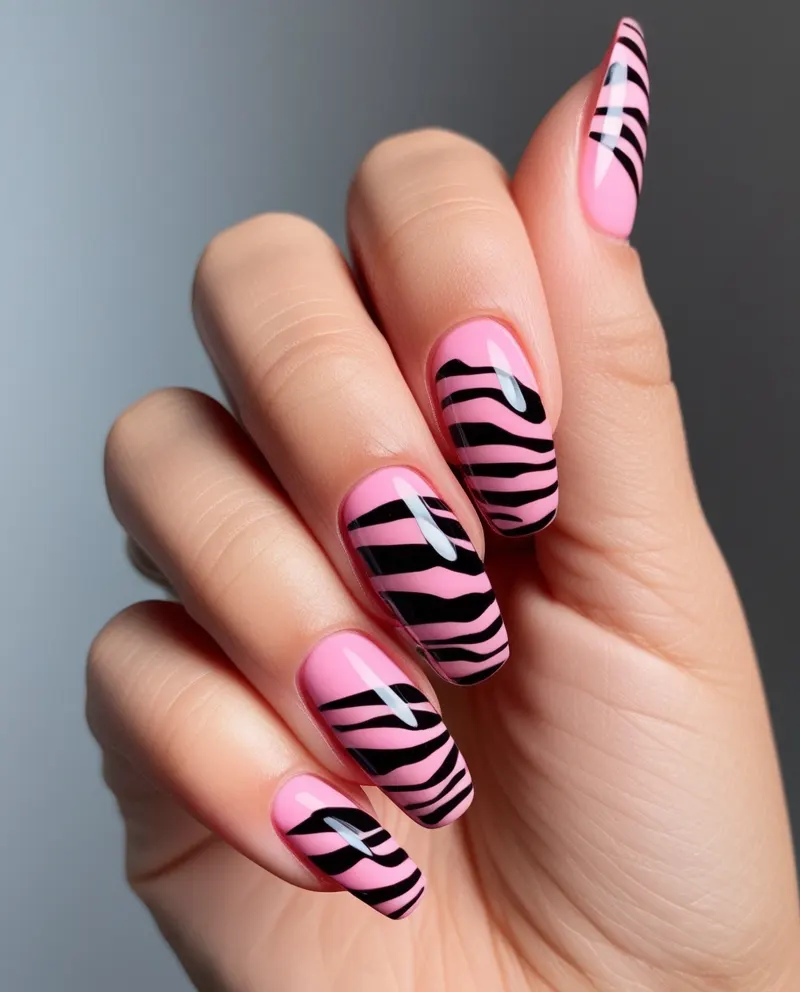 Bold pink nails decorated with zebra print stripes for a wild summer look.