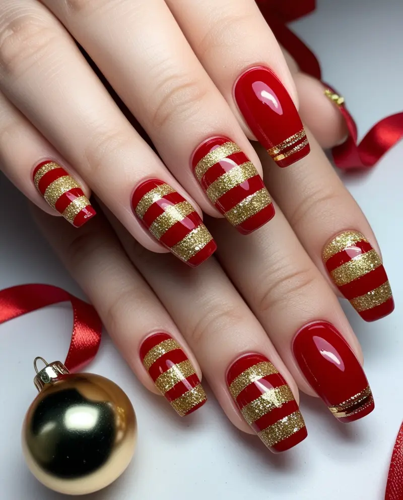 Elegant Red and Gold Winter Christmas Nails for a sophisticated holiday style.