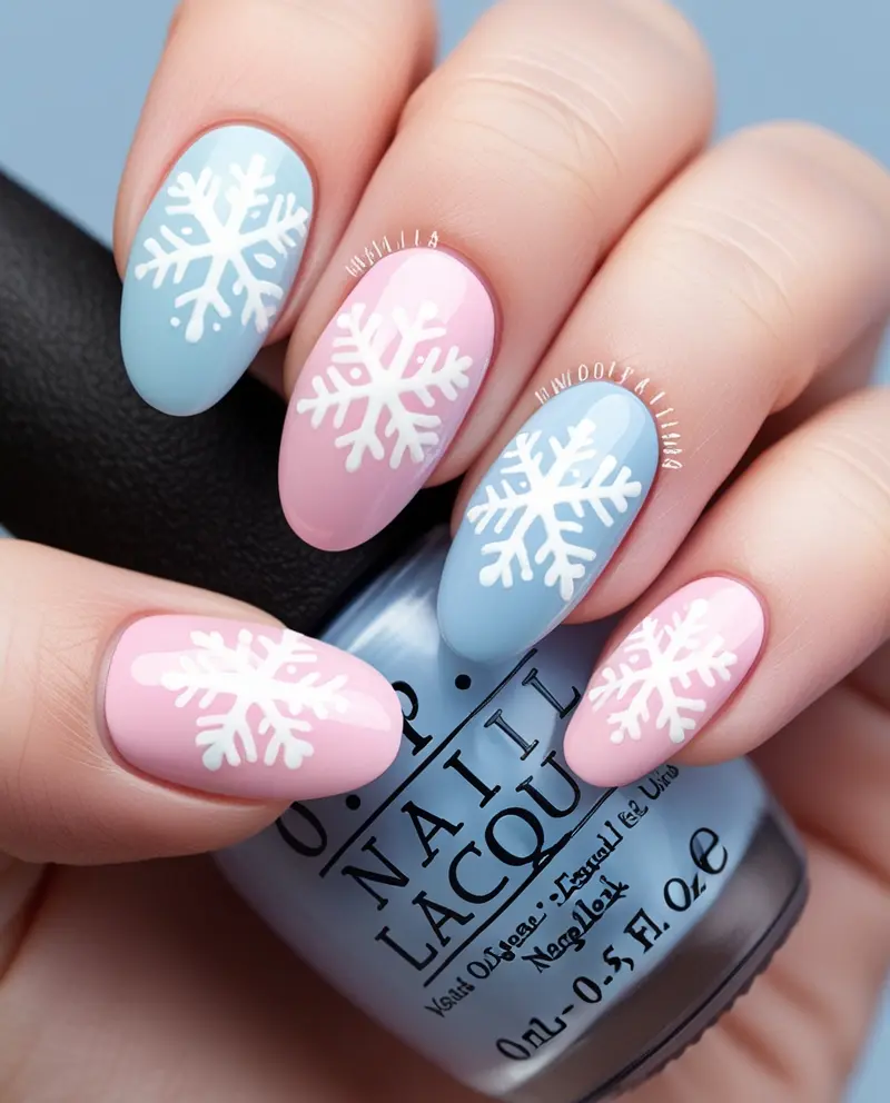 Sweet Pastel Winter Christmas Nails with snowflakes for a soft holiday look.