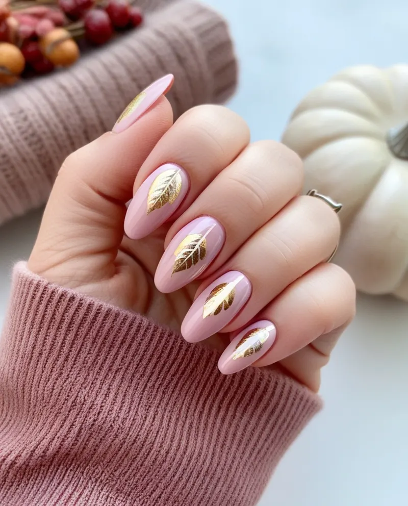 Warm pink autumn nails with gold leaf accents for a seasonal touch.