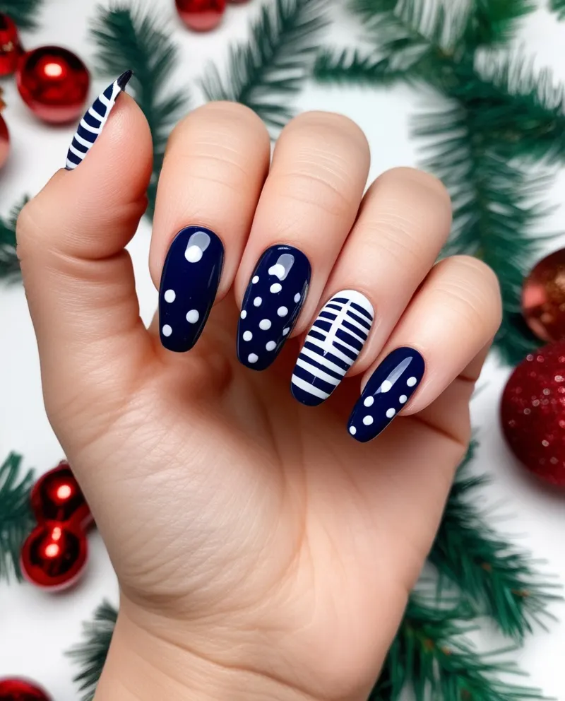 Blue nails featuring dots and stripes for a playful design.