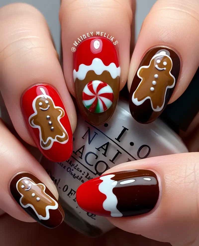 Playful Gingerbread Cookie Winter Christmas Nails inspired by holiday treats.