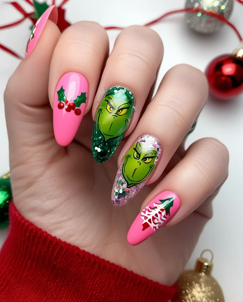 Playful pink Grinch nails with holiday-themed designs and sparkle.