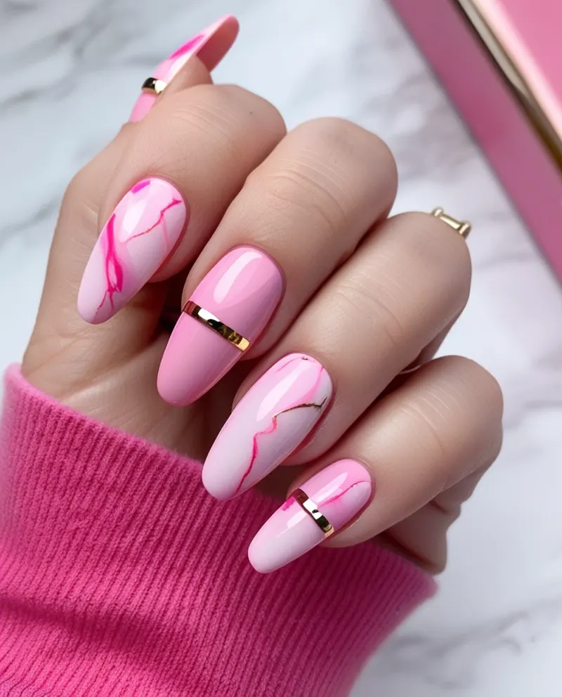 Elegant pink marble nails featuring gold lines for a trendy summer look.