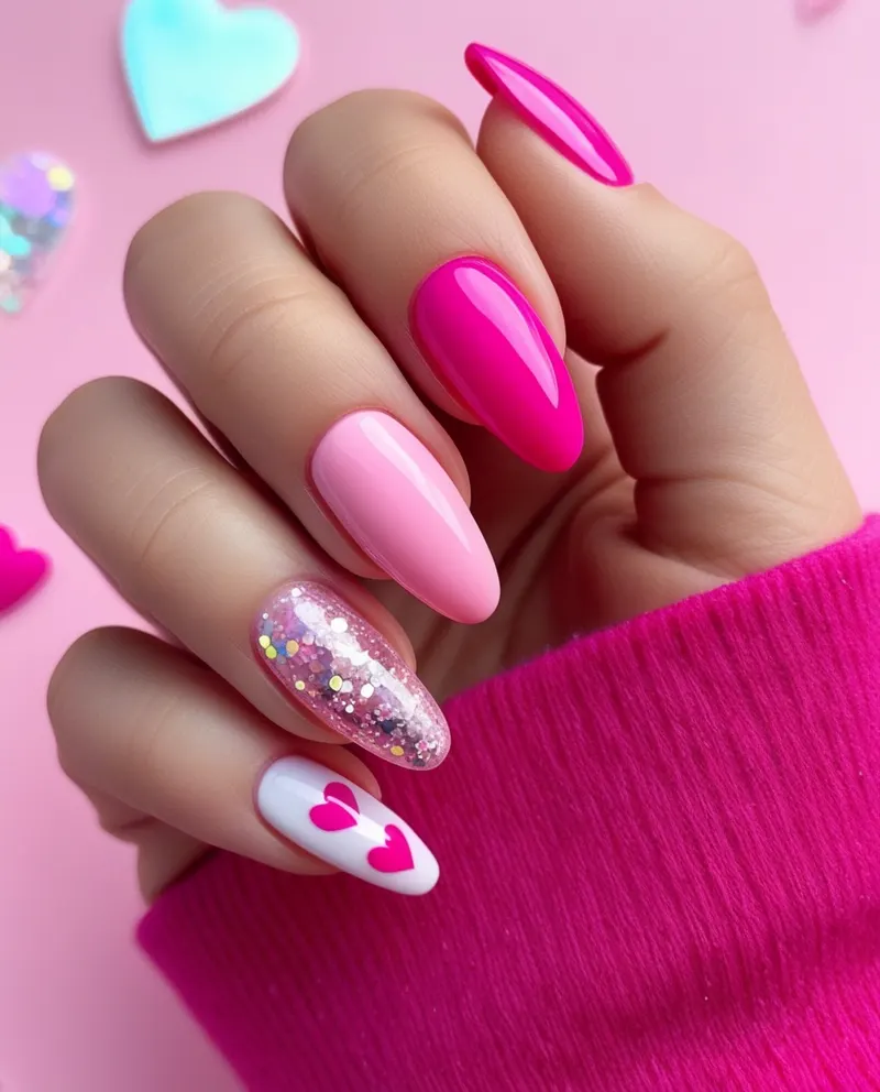 Fun pink nails with heart designs and glitter accents.