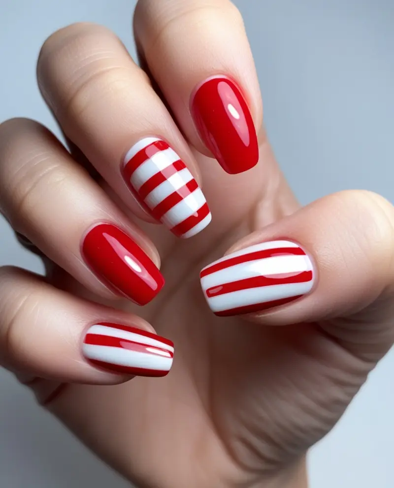 Festive Candy Cane Accent Winter Christmas Nails for a sweet holiday touch.