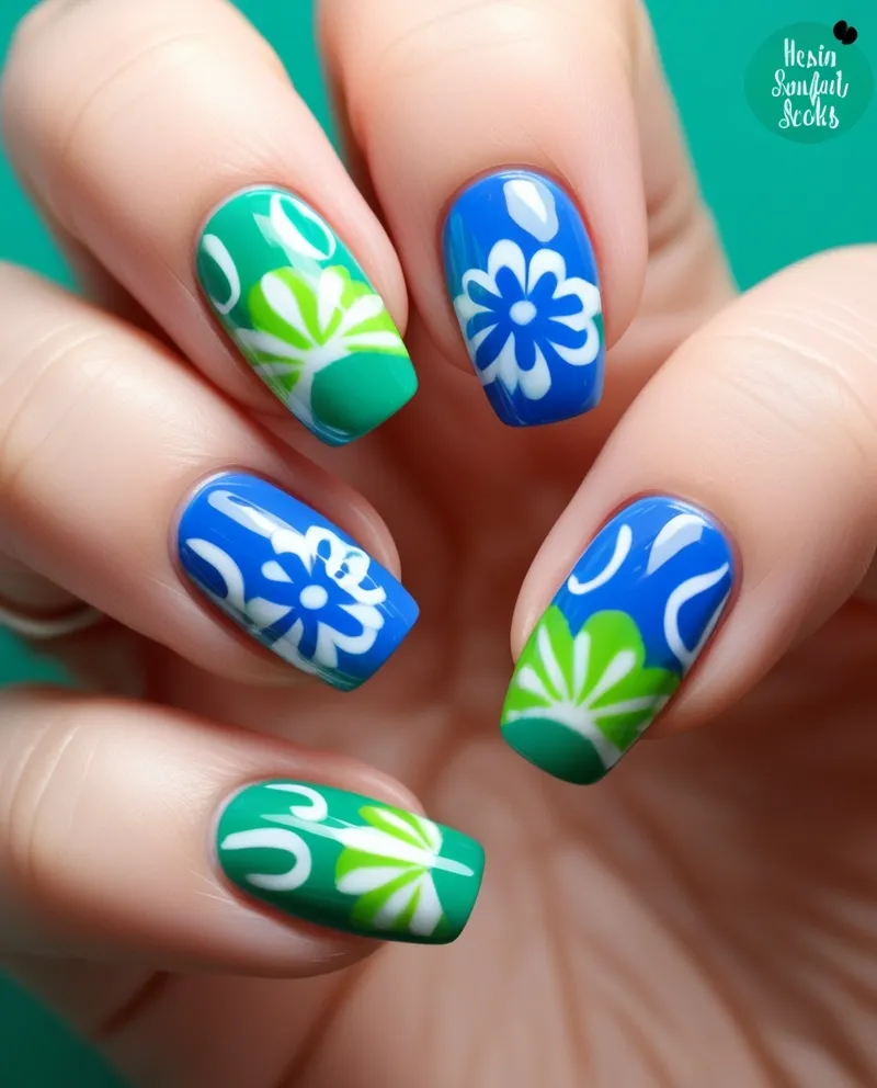 Fresh Green and Blue Nail Designs with floral and abstract patterns.