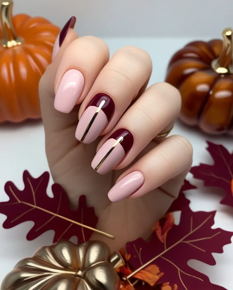 Pink fall nails with muted tones and gold accents for a classy autumn look.