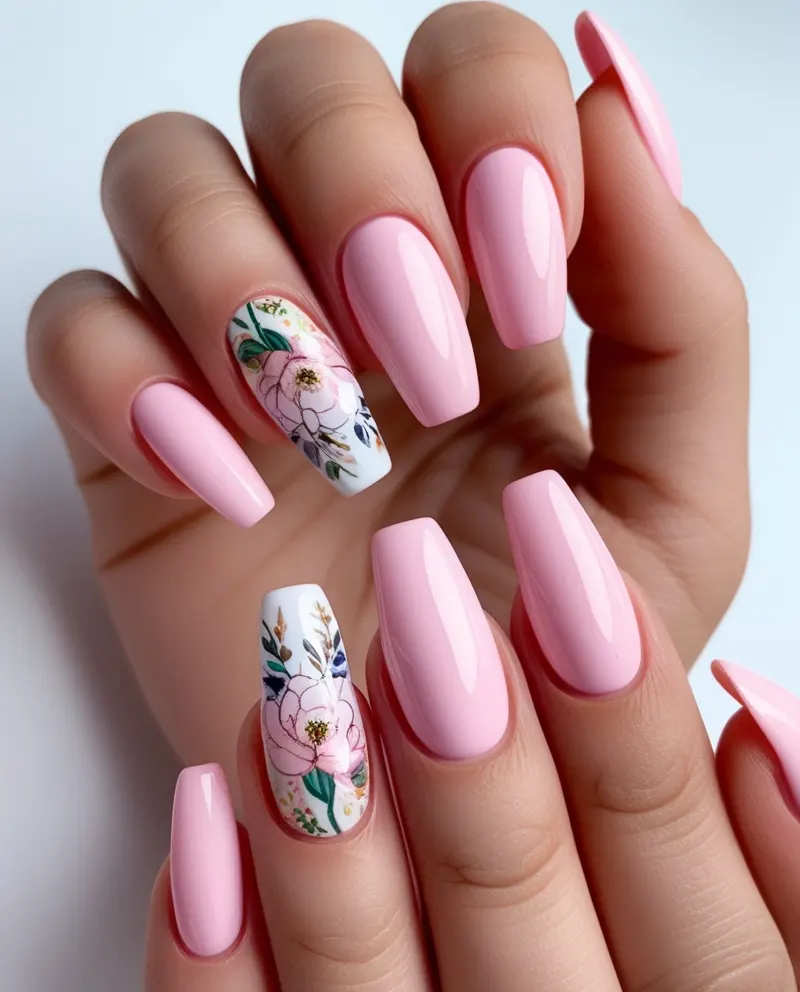 Light pink nails with floral accents for a fresh and stylish summer vibe.