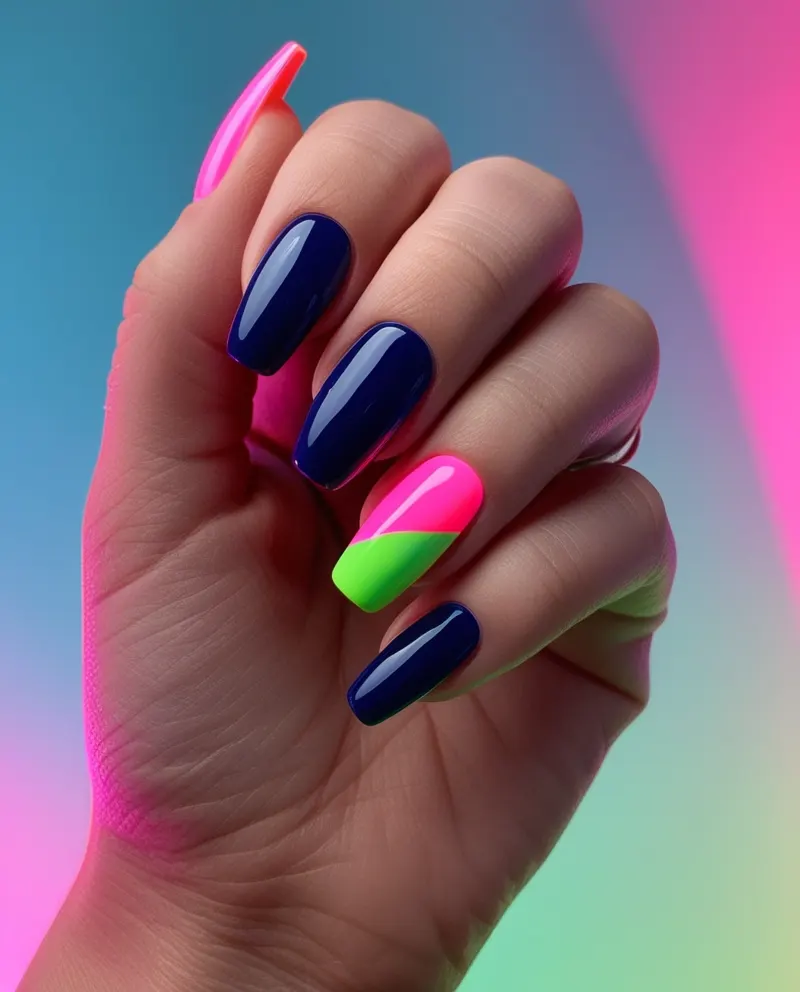 Blue nails with neon details for a bold Valentine’s style.