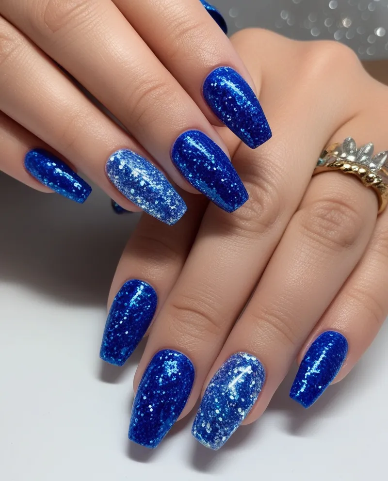 Sparkling Glitter Blue Nail Designs with glitter tips and full coverage.