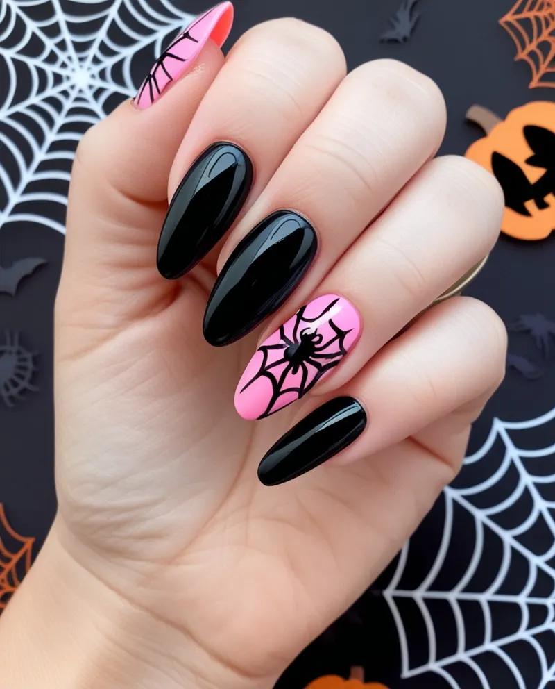 Pink Halloween nails with spooky black accents for a festive twist.