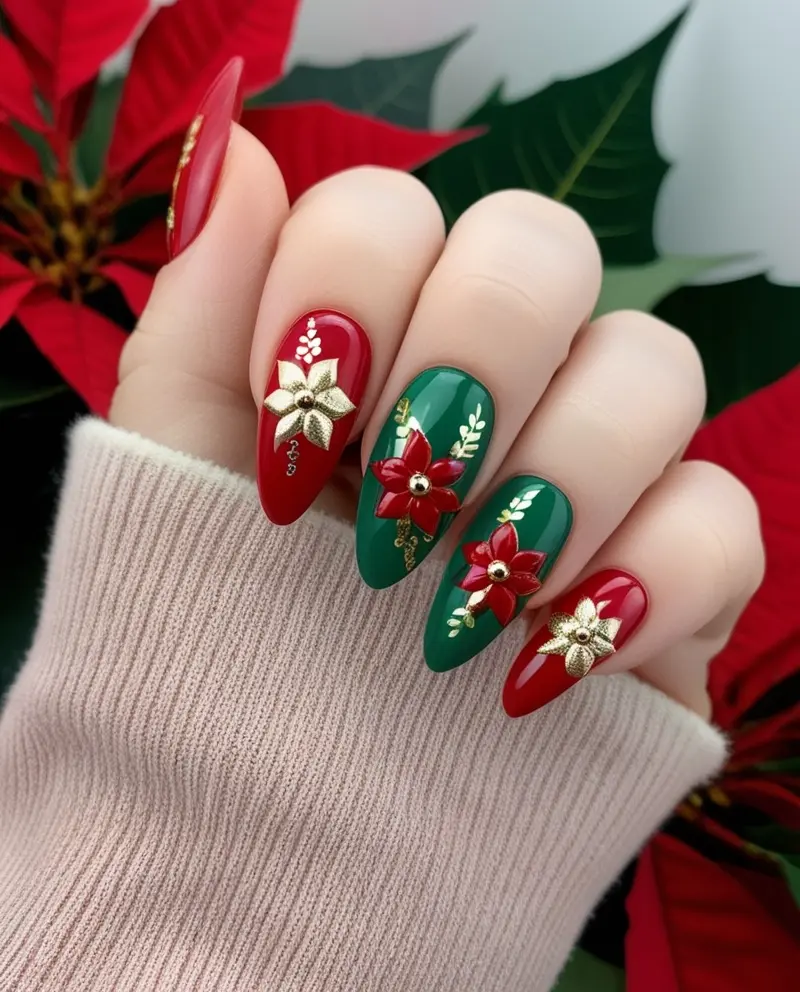 Stunning Winter Christmas Nails with Poinsettia Flowers for a festive floral design.