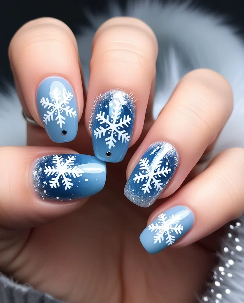 Frosty Blue Nail Designs with snowflakes and silver glitter for winter.