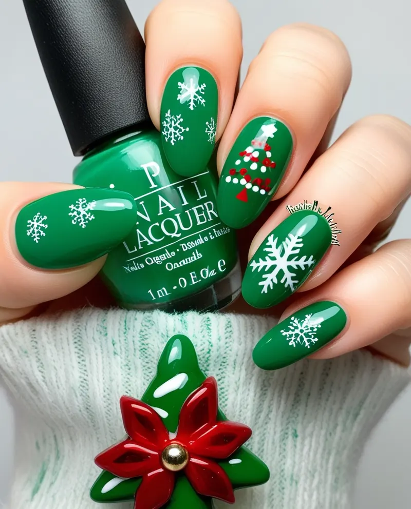 Green Christmas nails with festive tree, holly, and snowflake designs.