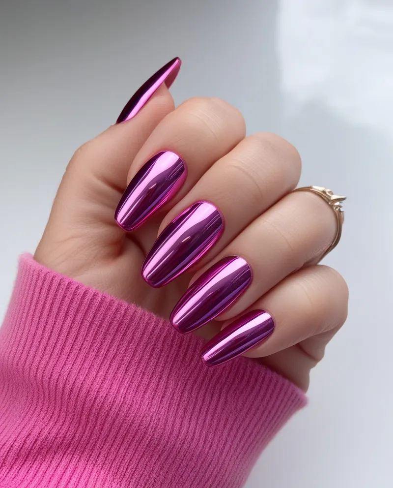 Shiny metallic pink chrome nails that reflect light for a futuristic style.