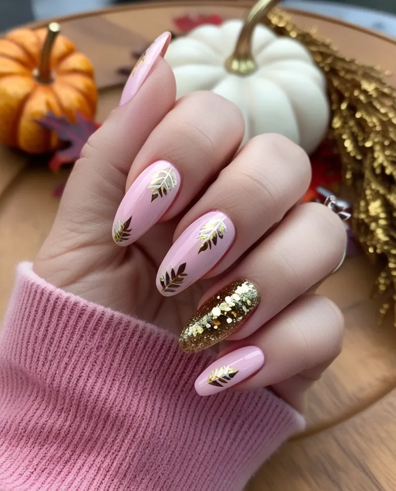 Festive pink Thanksgiving nails with gold accents for holiday gatherings.