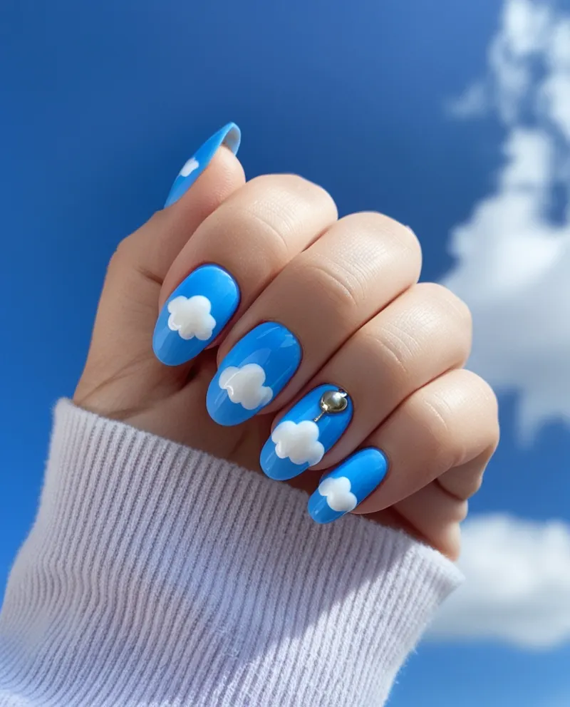 Sky blue nails with cloud patterns for a dreamy Valentine’s Day look.