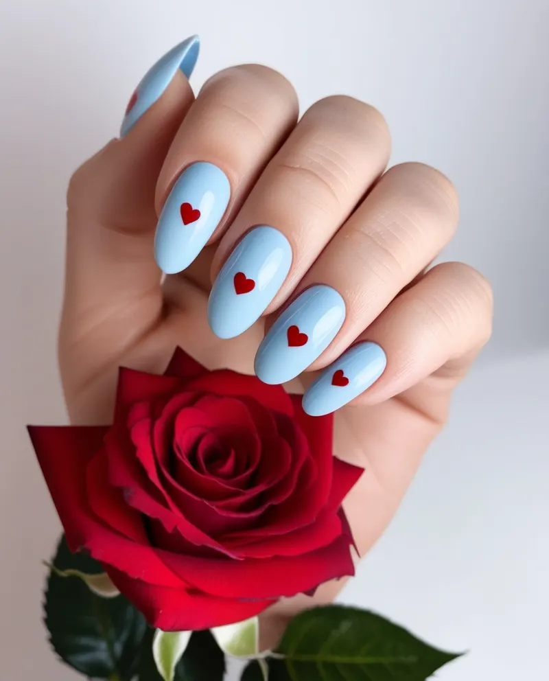 Blue nails with red hearts for a romantic Valentine’s touch.