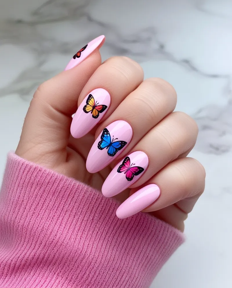 Light pink nails featuring beautiful butterfly designs for a dreamy summer look.