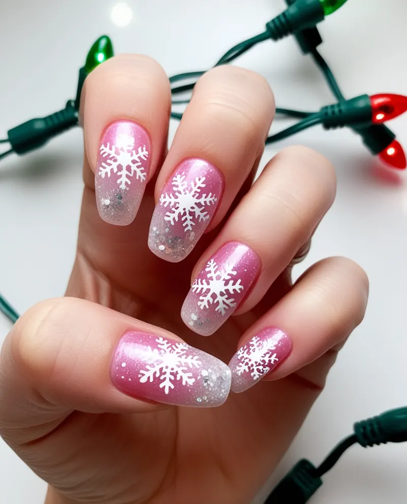 Cheerful pink holiday nails with frosty shades and festive snowflakes.