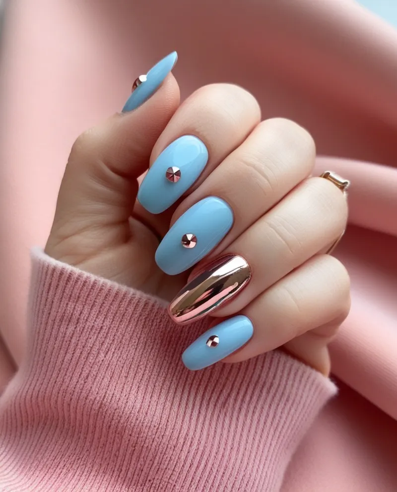 Light blue nails with rose gold accents for an elegant design.