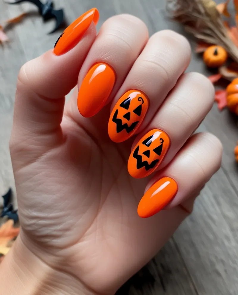 Vibrant orange nails with Halloween-themed pumpkin designs.