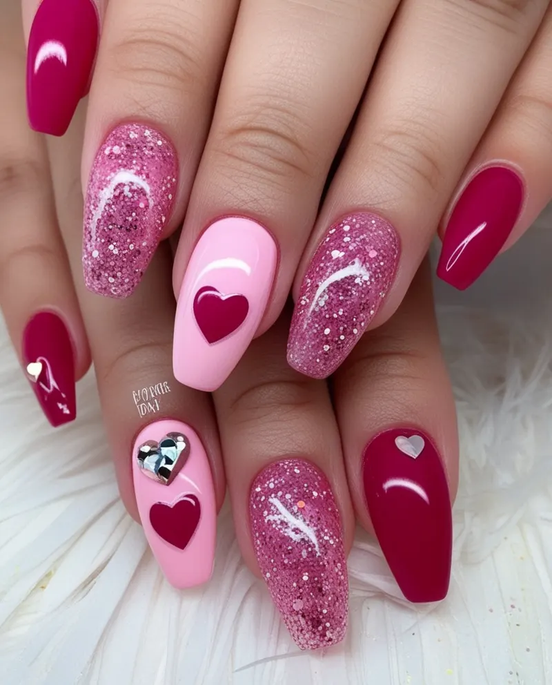 Pink Valentine’s nails featuring hearts and glitter for a love-themed look.